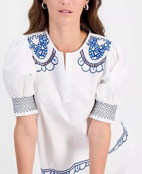 T Tahari Cotton Embroidered‑Trim Split‑Neck Top White Star XL NWT $88