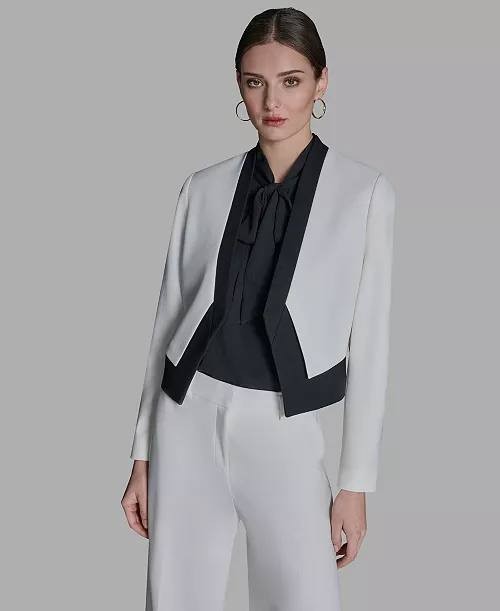 BCBG Stand‑Up Collar Open‑Front Blazer White/Black 12 NWT $59