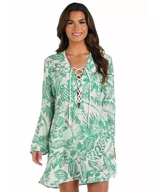 La Blanca Batiki Lace‑Front Tunic Cover‑Up Dress Eucalyptus S NWT $113