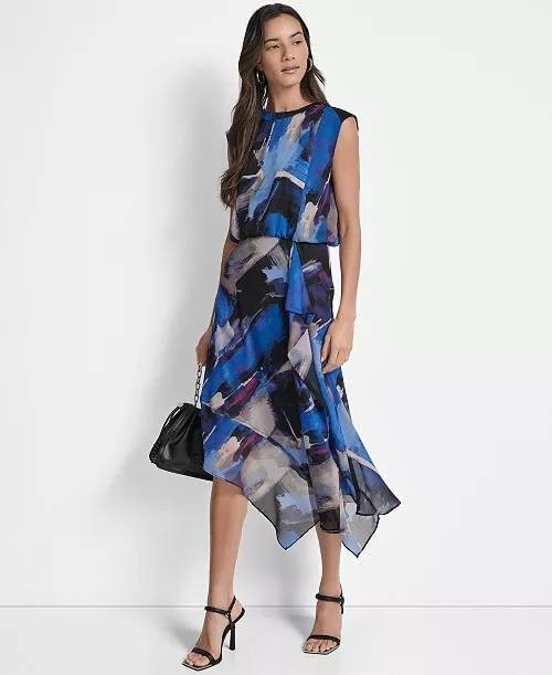 DKNY Printed Blouson Asymmetric‑Hem Dress Blue Brush Stroke 4 NWT $129