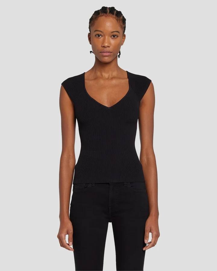 7 For All Mankind Sweetheart Rib Top M Black Fitted Knit Tee NWT MSRP $69