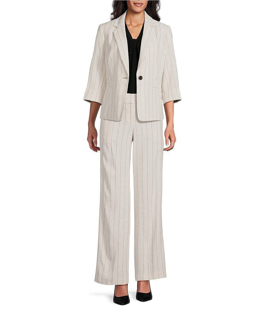 Kasper Pinstripe Notch Collar One-Button Blazer – Parchment/Black – Size 10P NWT