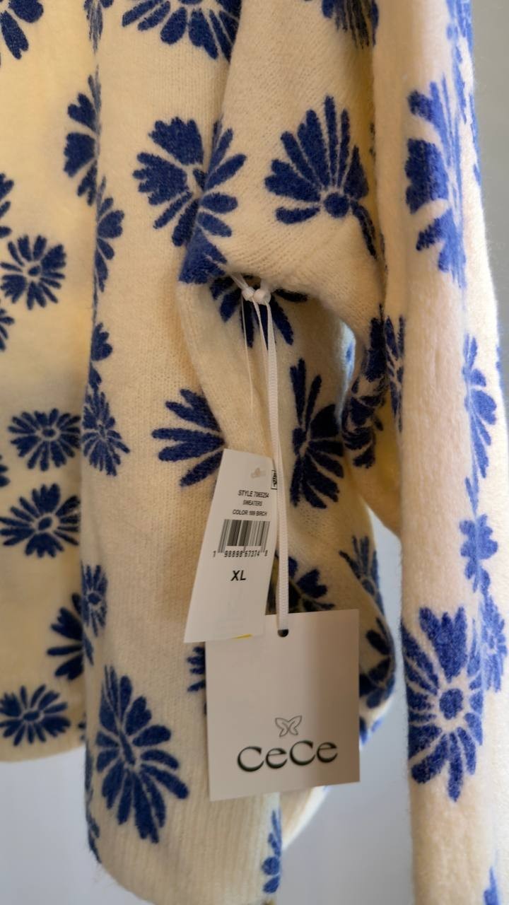 CeCe Flower Print Long‑Sleeve Crewneck Sweater Birch XL NWT $79