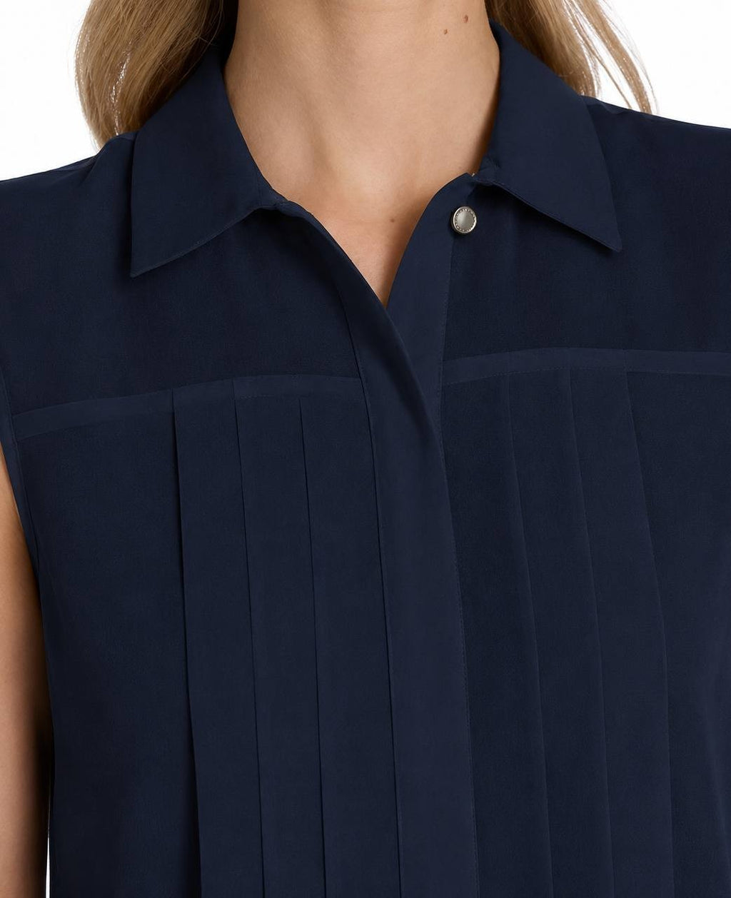 Calvin Klein Women’s Sleeveless Pleated Front Collared Blouse Navy M NWT $89