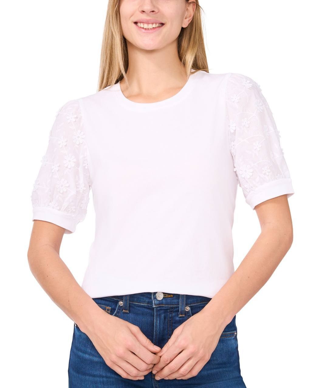 CeCe Dupraz Floral Appliqué Puff-Sleeve Top – New Ivory – Size M – NWT