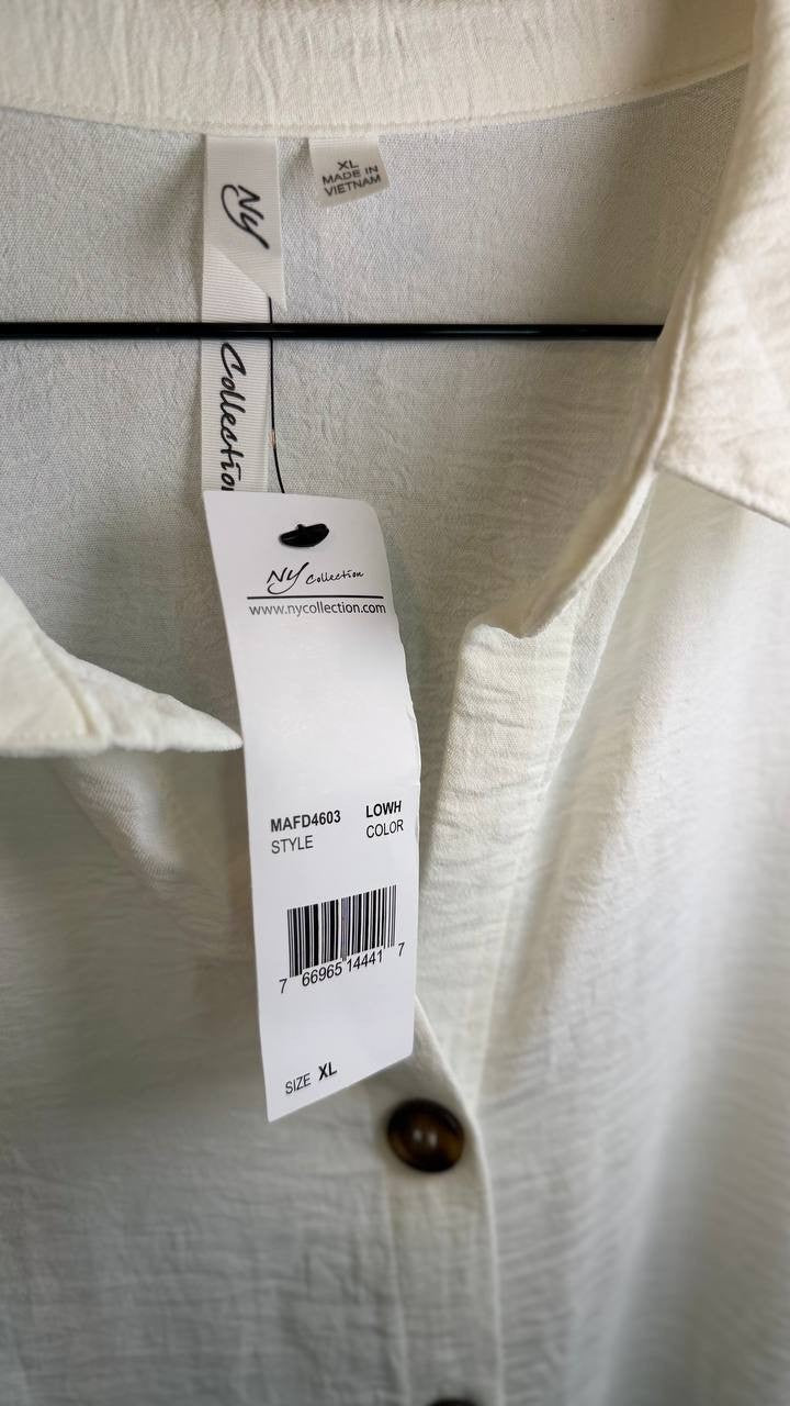 NY Collection Short-Sleeve Button-Front Belted A-Line Dress White XL NWT $58