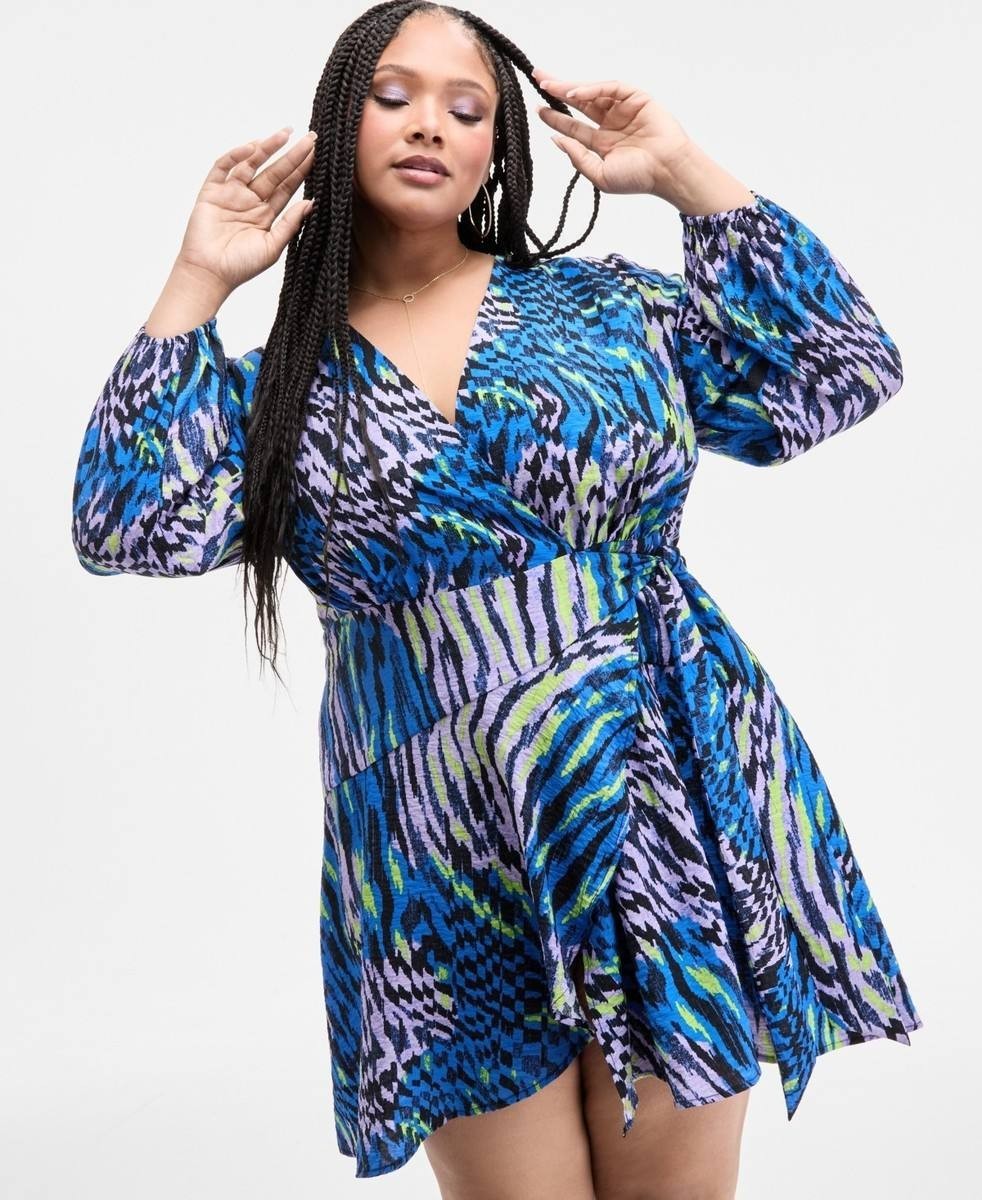 Nina Parker Plus Size Crinkle Wrap Dress Abstract Animal Multi 2X NWT $89