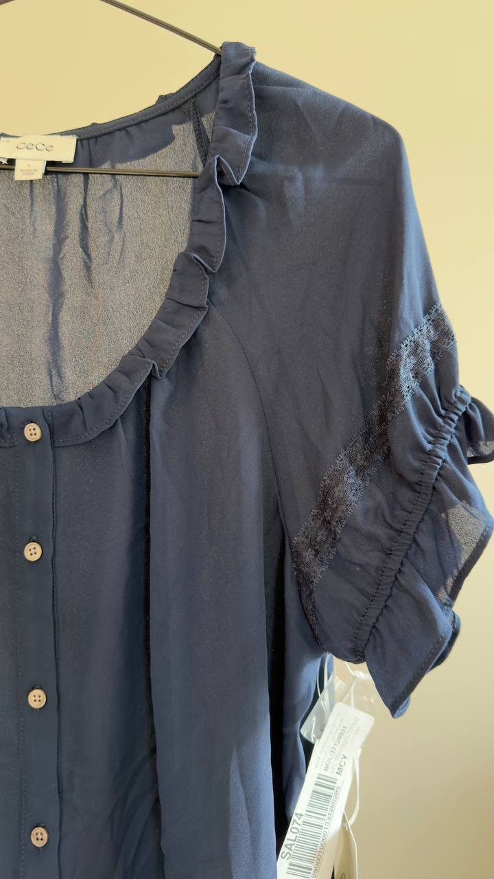 CeCe Wide Ruffle Neck Button Front Top Classic Navy L NWT $79