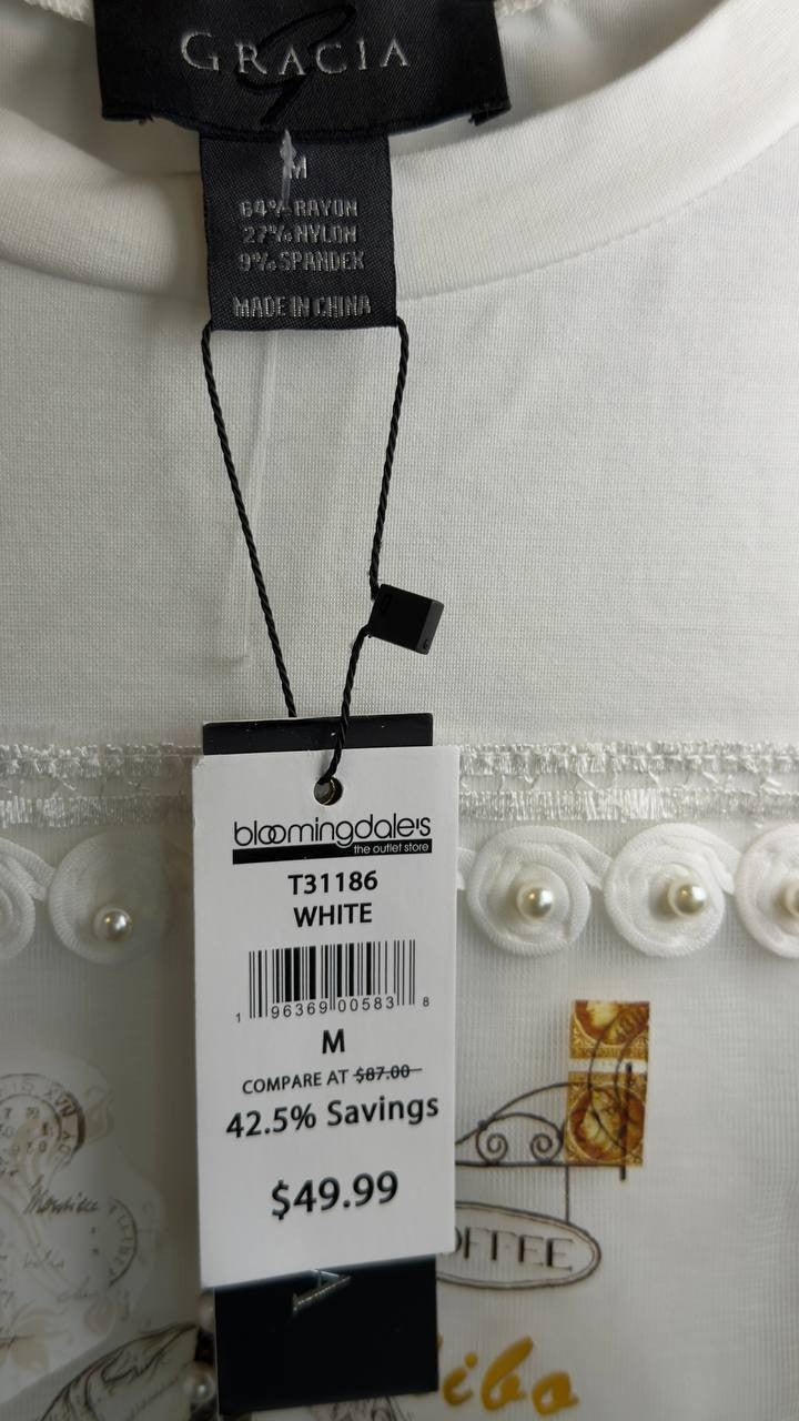 Gracia White Puff-Sleeve Embellished Lace Trim Top M NWT $49.99