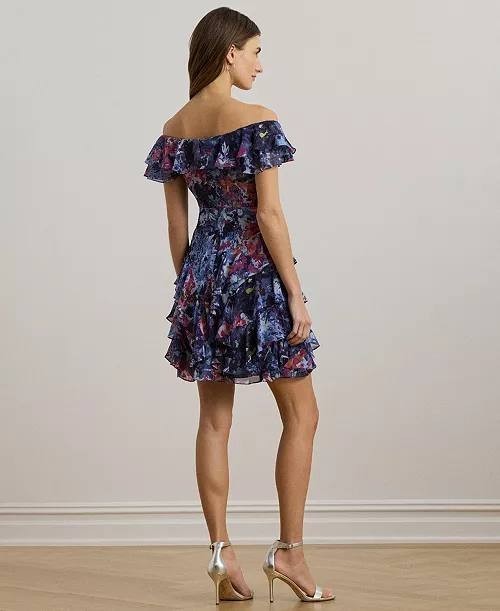 Lauren Ralph Lauren Off‑Shoulder Print Cocktail Dress 12 Blue Multi NWT $225