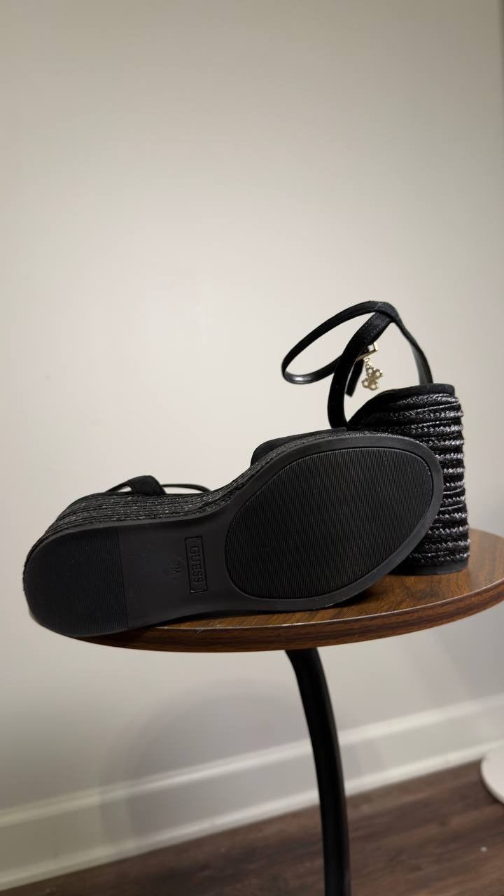 Guess  Everly  Charm  Wedge  Sandals  Black  7M  New  $149