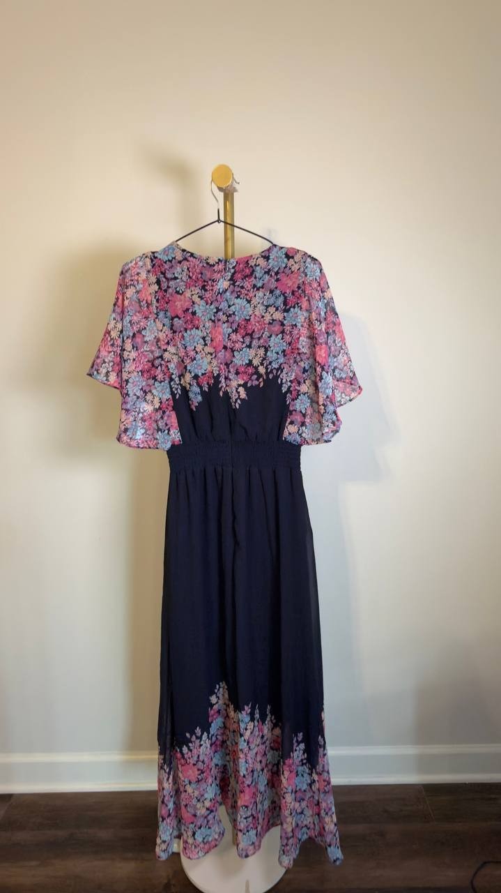 MSK Printed V-Neck Flutter-Sleeve Smocked-Waist Dress JBS Navy S NWOT $89