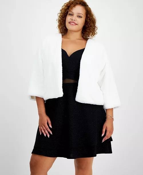 BCX Faux Fur Shrug – Size 2X – NWT – White Open Front 3/4 Sleeve