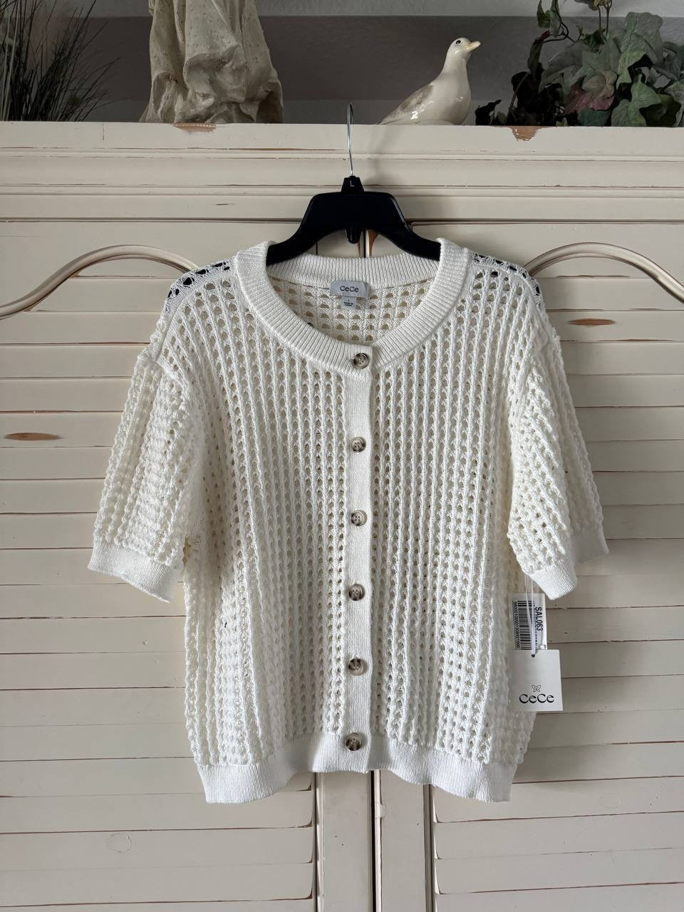 CeCe Texture Mesh Cardigan Open-Knit Short Sleeve Antique White S NWT New
