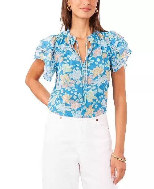 1.STATE Floral Tie‑Neck Short Flutter‑Sleeve Blouse Blue XS NWT $79
