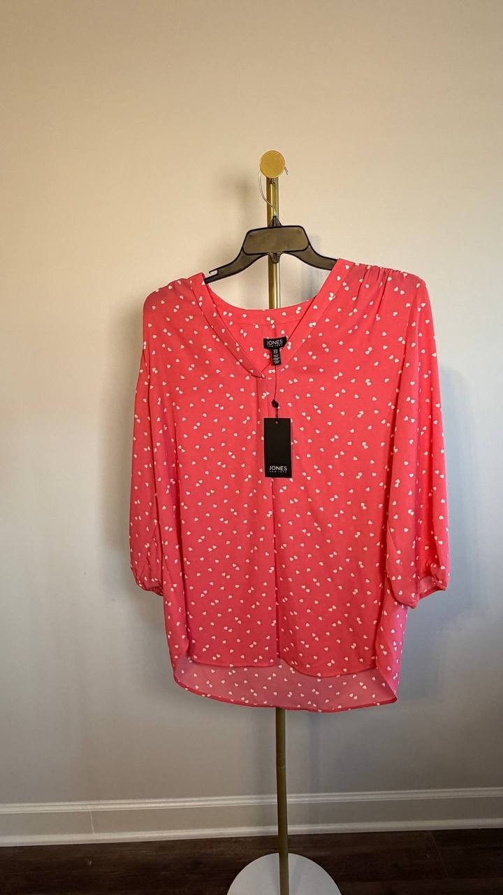 Jones New York Petite Kelly Heart‑Print 3/4‑Sleeve Top Fresh Guava XL NWT $69.50