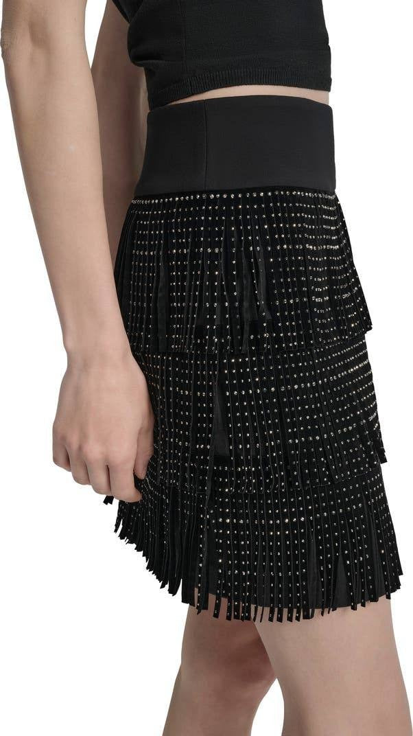 DKNY Black Stud Fringe Miniskirt Size 12 NWOT Broken Zipper Stylish Night Out