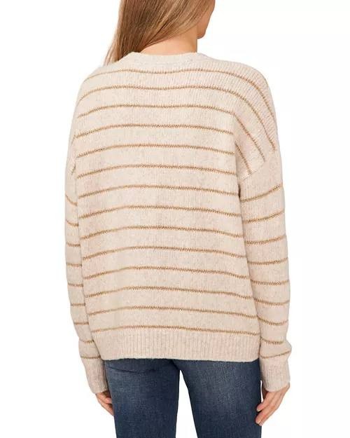 CeCe Women's Beige Gold Metallic Stripe Crewneck Alpaca Wool Sweater Size XL