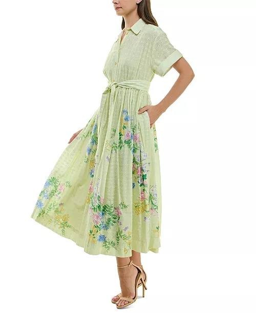 Taylor Eyelet‑Embroidered Belted Cotton Shirt Dress Pea Green 8 NWT $138