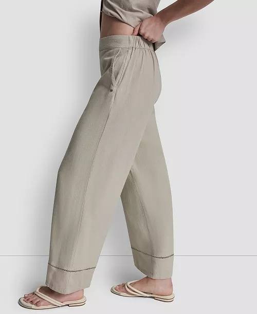 DKNY Jeans Linen‑Blend High‑Rise Pull‑On Wide‑Leg Pants Pebble PXL NWT $89