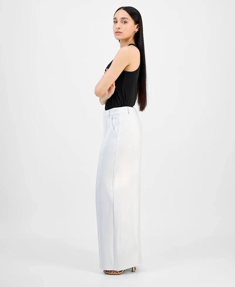 Bar III Women's White Ponte Pants, Seamed Wide-Leg, Petite High-Rise Zipper