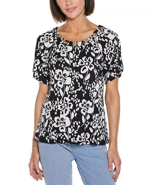Belldini Women’s Grommet Detail Floral Knit Top Black Combo M NWT $49