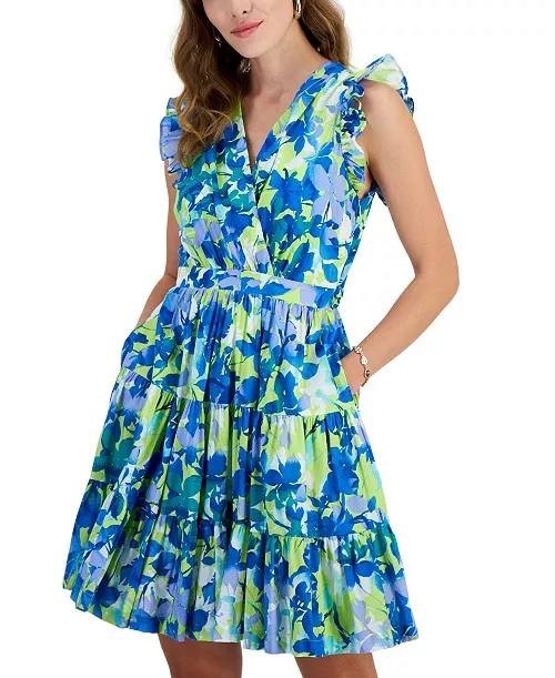 Taylor Floral Cotton A-Line V-Neck Dress, Sleeveless, Size 6, Knee-Length