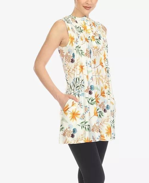 White Mark Floral Sleeveless Tunic Top Pin‑Tuck Pleated White XL NWT $52