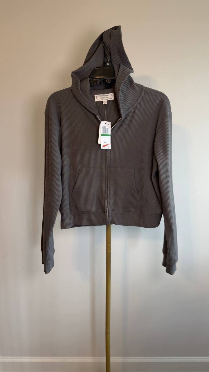 Hippie Rose Ribbed Cropped Zip‑Up Hoodie Granite L NWT $58