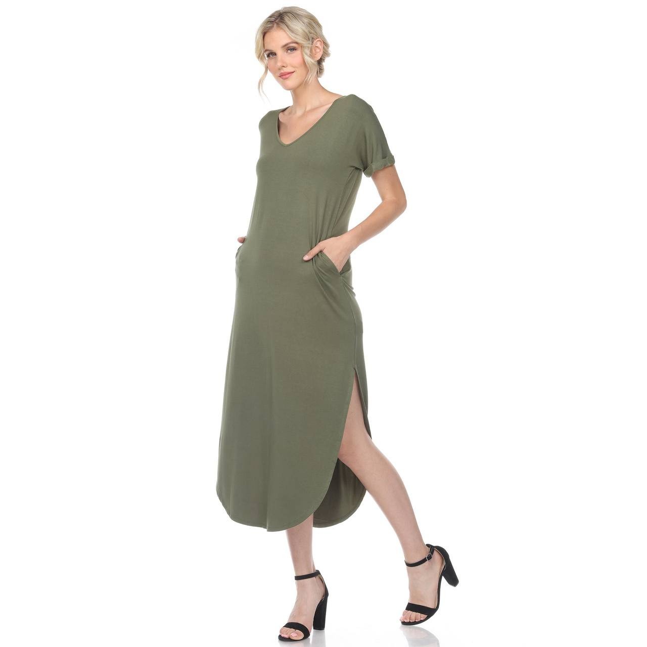 White Mark Women’s Short Sleeve V‑Neck Maxi Dress Olive L NWT $64