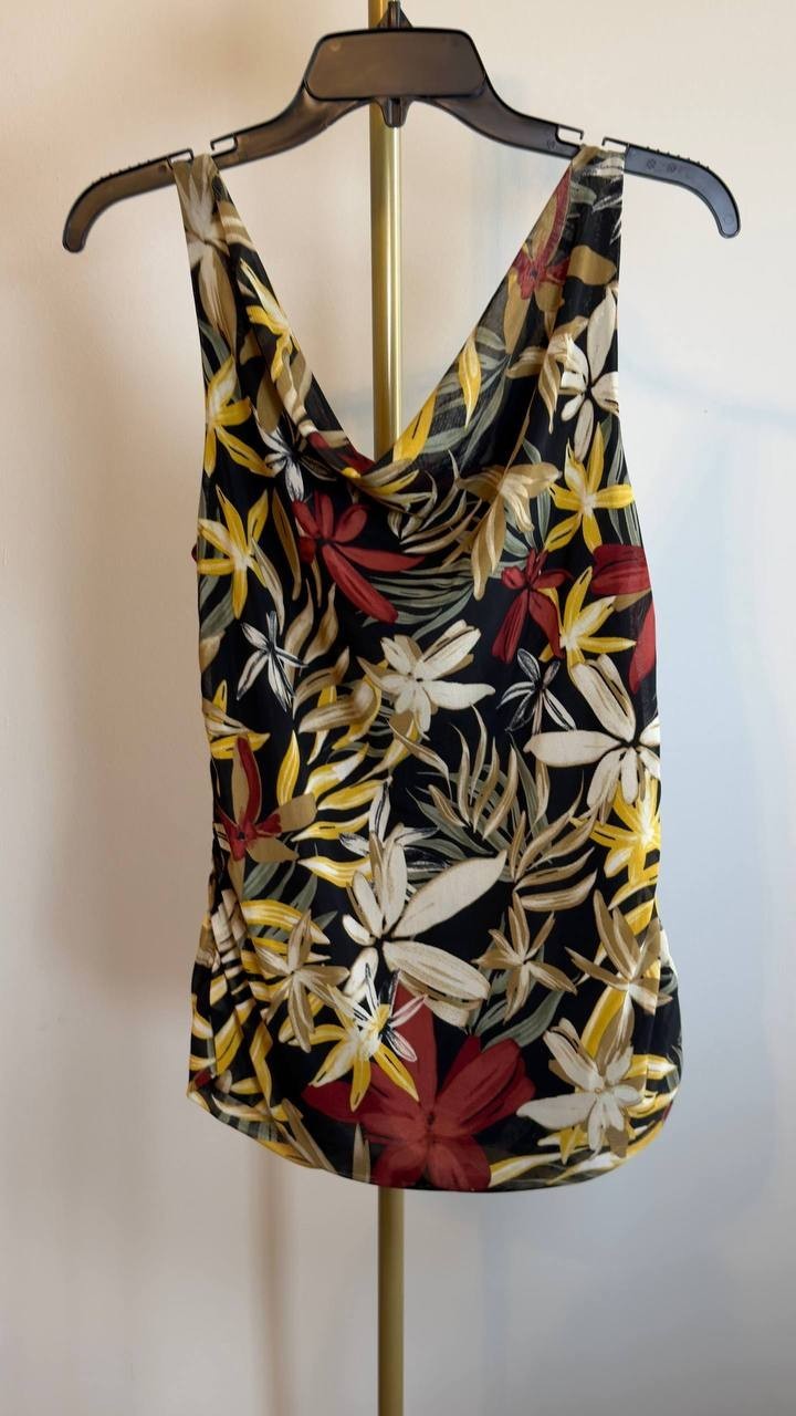 Anne Klein Women’s Printed Ruched Draped‑Neck Mesh Top Floral L NWT $69