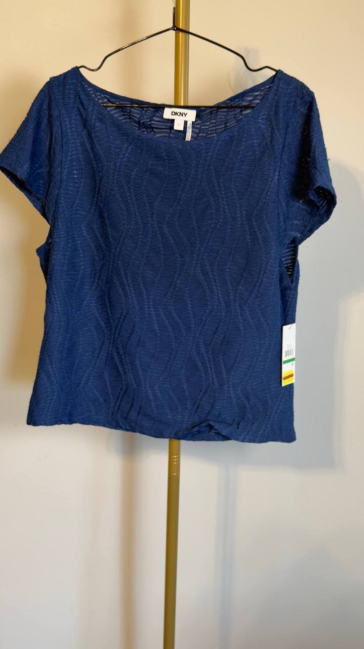 DKNY Texture Knit Top Cadet Blue L NWT $69