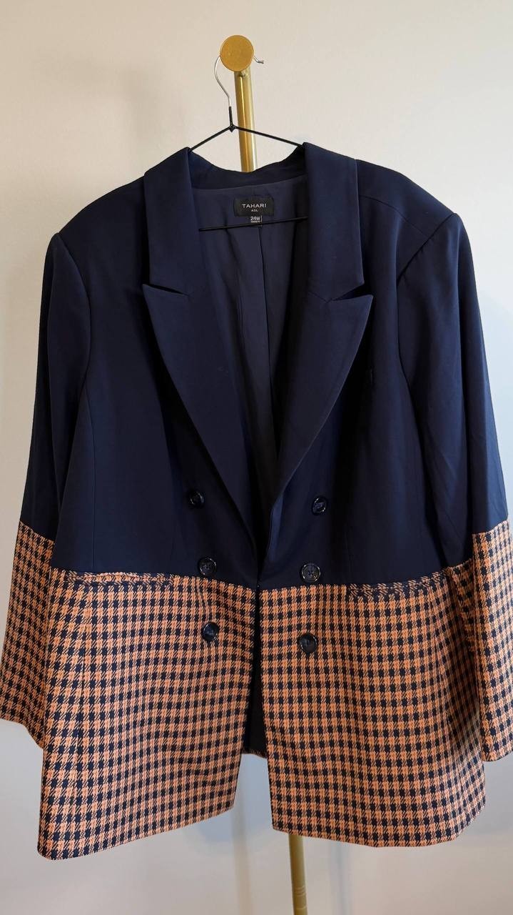 Tahari ASL Women’s Petite Houndstooth Color Block Jacket Navy 24W $159 NWOT