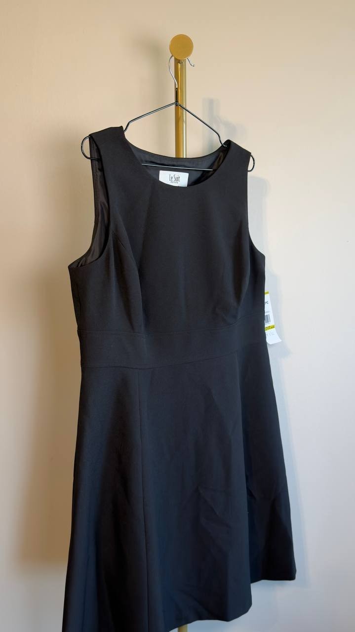 Le Suit Open Front Jacket & Sleeveless Flared Dress 2pc Set Black 14P NWT $330