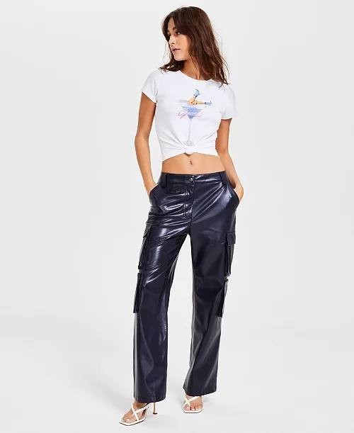 Guess Kori High‑Rise Faux‑Leather Cargo Pants Daring Ocean XL NWT $148