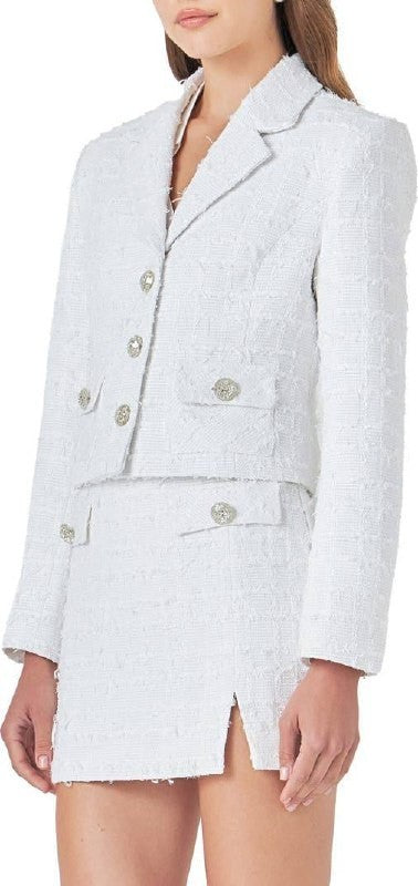 Endless Rose White Crop Tweed Jacket L NWT Without buttons Chic Modern msrp$185