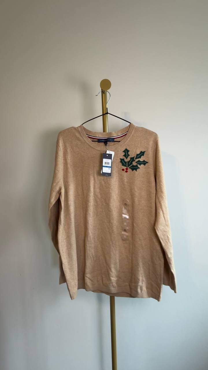 Tommy Hilfiger Holly Crewneck Cotton Sweater Sand XL NWT $69.50
