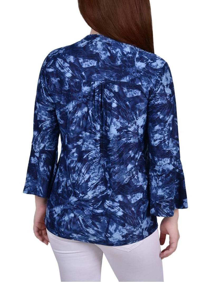NY Collection Plus 3/4 Bell Sleeve Pleat Y‑Neck Top Blue Flower 1X NWT $35.99
