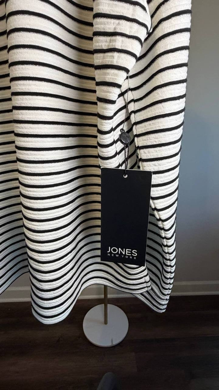 Jones New York Petite Metallic Striped Zip‑Neck Top Black/Silver L NWT $89.50