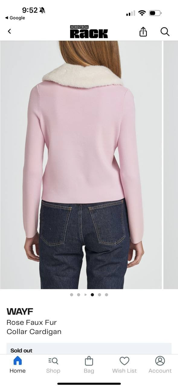 WAYF Rose Pink Faux Fur Collar Cardigan, Button Front, Size S, Long Sleeve