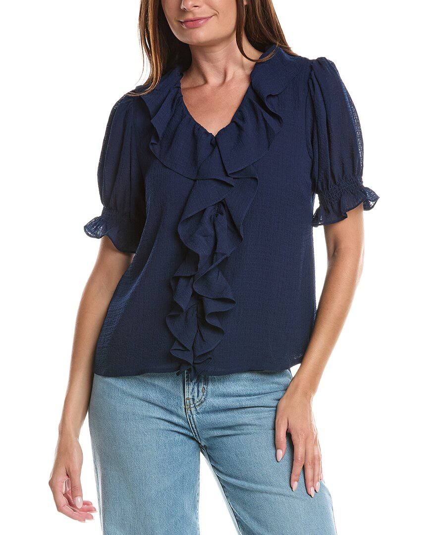 CeCe Ruffle Bubble Crepe Top L Classic Navy NWT $79