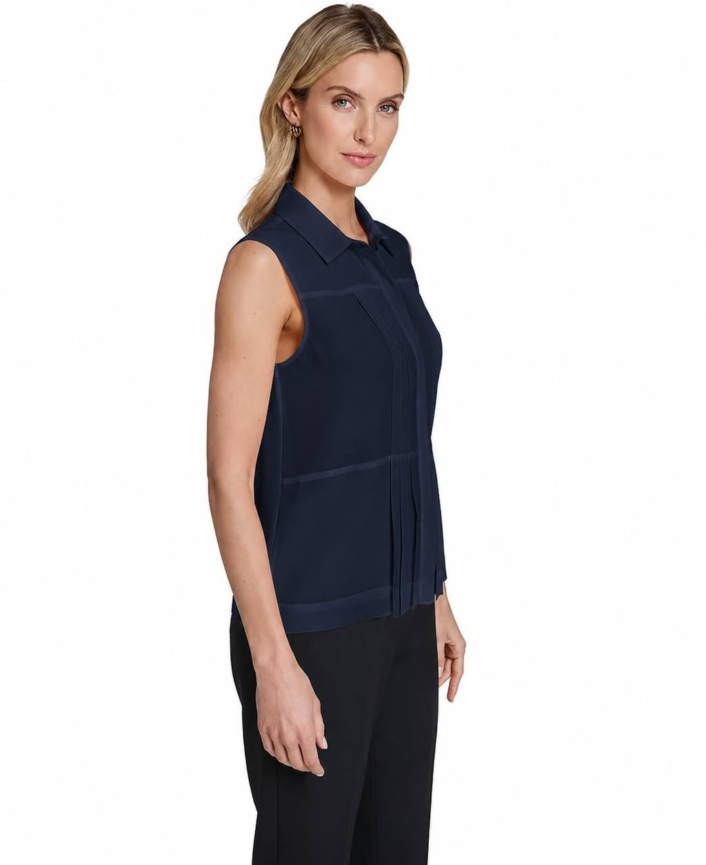 Calvin Klein Women’s Sleeveless Pleated Front Collared Blouse Navy M NWT $89