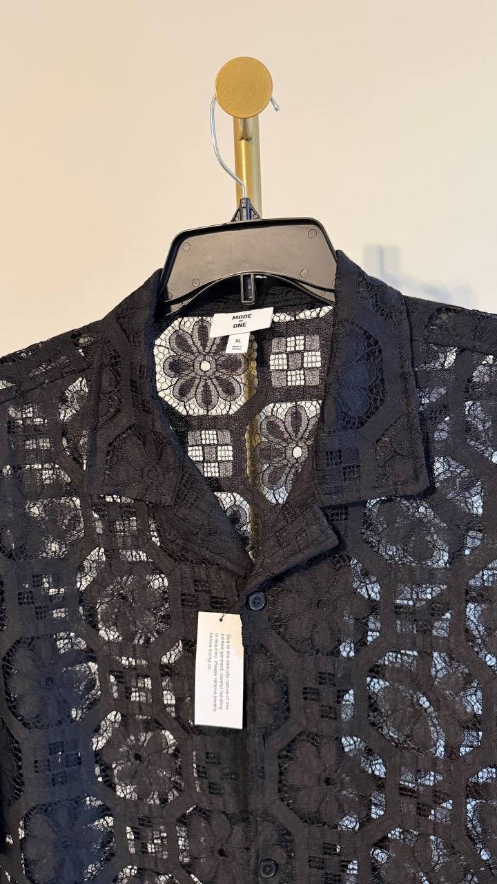 Mode of One Men’s Textured Geometric Lace Camp Shirt Black XL $49.50 NWT