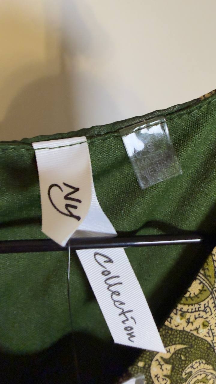NY Collection Chiffon Dress Smocked Waist & Cuffs Green Paisley S NWT $44