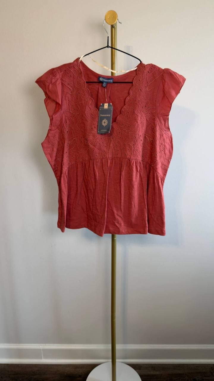 Democracy Petite Embroidered Cotton Flutter‑Sleeve Top Summer PXL NWT $68