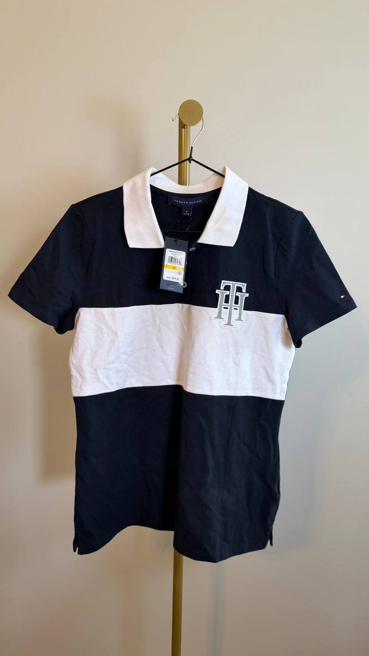 Tommy Hilfiger Monogram TH Logo Polo Stretch Top Black White SizeM NWT need wash