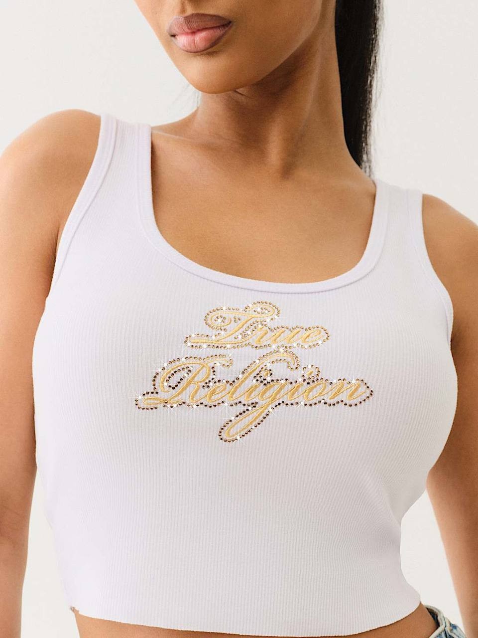 True Religion Raw Hem Crystal Logo Tank Top White XXL NWT $59