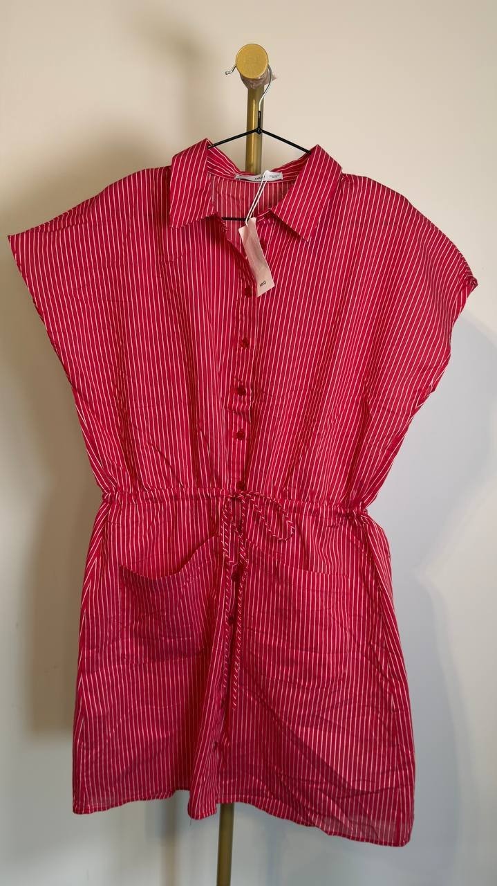 Mango Striped Shirt Dress Button Front Waist Tie Red Size 8 NWT $70