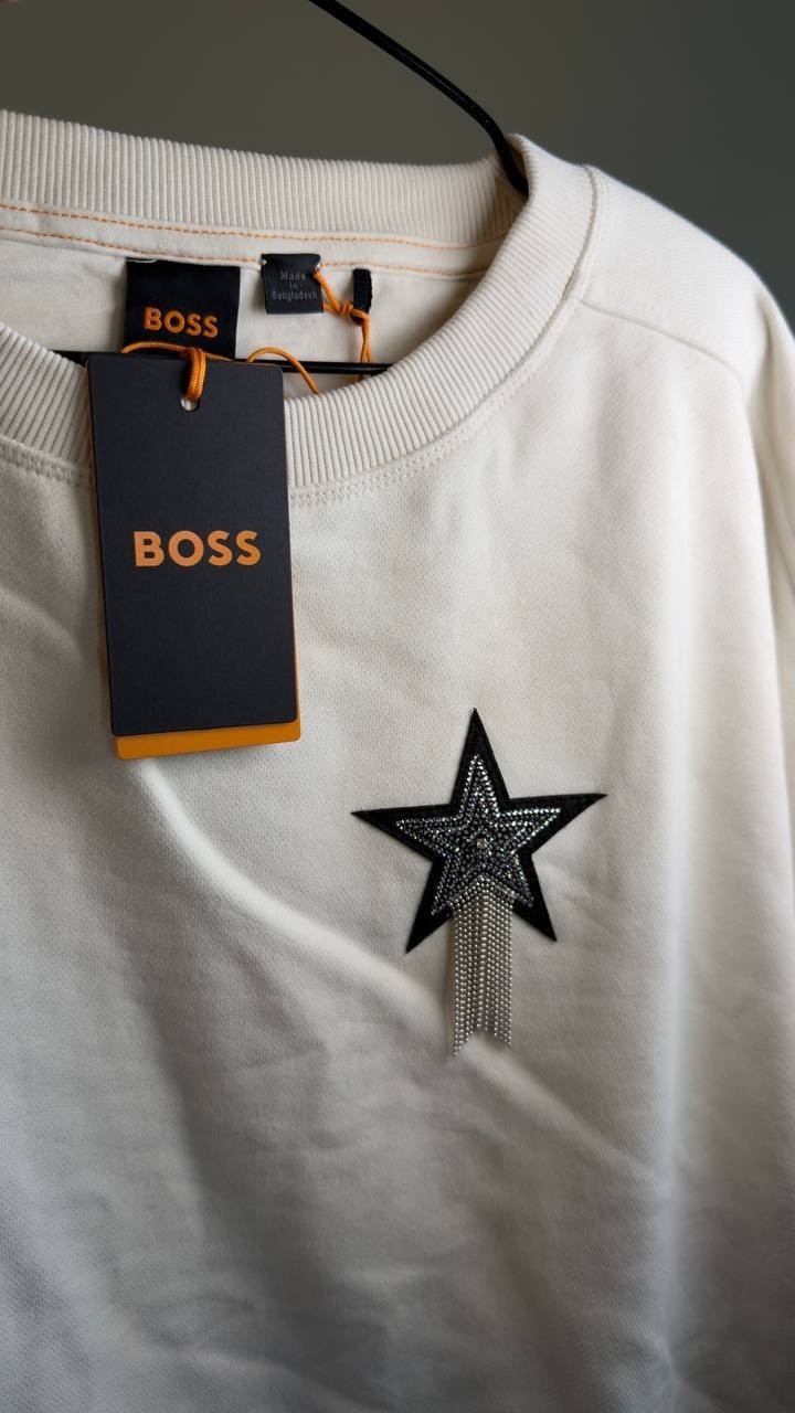 BOSS Embellished Star Sweatshirt Open White L NWT $129