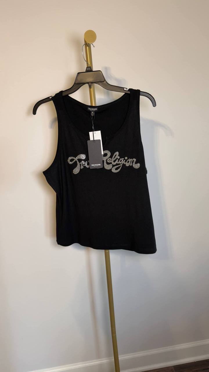 True Religion Crystal Logo V‑Notch Tank Jet Black XXL NWT $59